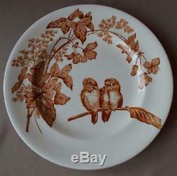 Antique French Set of 8 White Ironstone Dinner Plates with Sparrow Bird