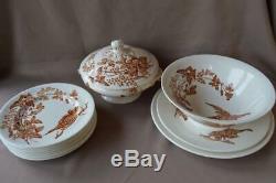 Antique French Set of 8 White Ironstone Dinner Plates with Sparrow Bird