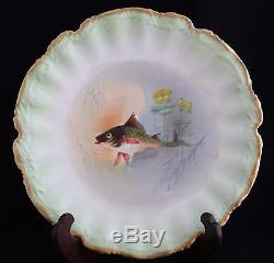 Antique Limoges France Serving Fish Set Hand Painted Platter & 12 Dinner Plates