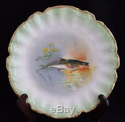 Antique Limoges France Serving Fish Set Hand Painted Platter & 12 Dinner Plates
