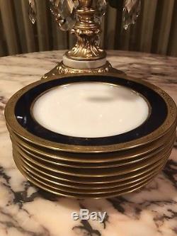 Antique Limoges T & V France Set Of 7 Dinner Plates Cobalt Blue Heavy Gold