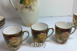 Antique Prussia China Chocolate Pot Set, 5 Cups, 6 Saucers, 5 Dessert Plate Roses