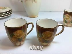 Antique Prussia China Chocolate Pot Set, 5 Cups, 6 Saucers, 5 Dessert Plate Roses