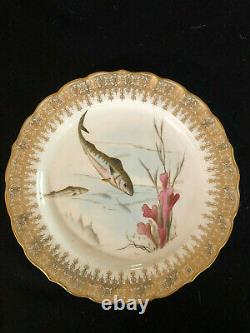 Antique Royal Worcester England Hand Painted Set Of 8 Fish Plates