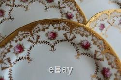 Antique Set 12 Royal Cauldon England 4941 Gold Encrusted Pink Rose Dinner Plates