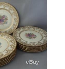 Antique Vtg Selb Bavaria Heinrich & Co. Gold Gilt & Flowers Dinner Plate Set 12