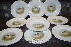 Antique Woods England Ivory Ware Set Of 10 Dinner Plates, Fish Design, Gold Rim