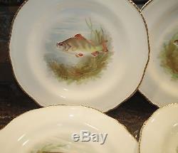 Antique Woods England Ivory Ware Set Of 10 Dinner Plates, Fish Design, Gold Rim