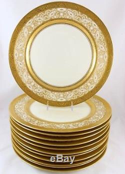 Arts & Crafts Style Set 12 Dinner Plates Heinrich Raised Gold Encrusted Flowers
