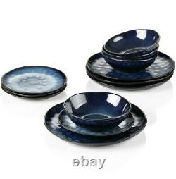 Beautiful Blue 12pcs Set Dinner Stoneware Serving Dish Dessert Plate Cereal Bowl