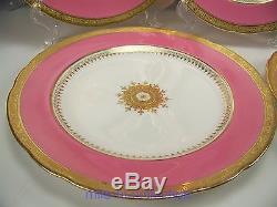 Beautiful Set Of 12 Minton G7215 Davis Collamore Raised Gold Pink Dinner Plates