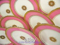 Beautiful Set Of 12 Minton G7215 Davis Collamore Raised Gold Pink Dinner Plates