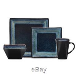 Blue 16pc Square Dinner Ware Set Plate Bowl Dish Washer Microwave Safe 4 Person