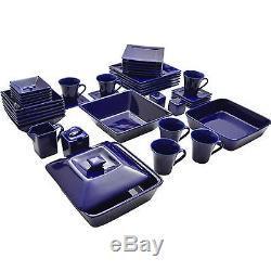 Blue Dinnerware Set Square 45 Piece Dinner Plates Cups Dishes Kitchen Banquet