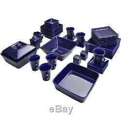 Blue Dinnerware Set Square 45 Piece Dinner Plates Cups Dishes Kitchen Banquet
