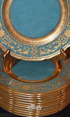 C. 1928 Royal Doulton Set/12 Dinner Plates 10-3/8 H1982 Gold Encrusted & Green