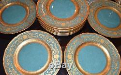 C. 1928 Royal Doulton Set/12 Dinner Plates 10-3/8 H1982 Gold Encrusted & Green