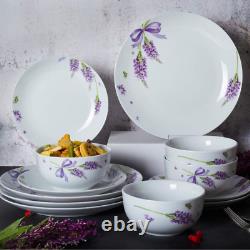 Ceramic Dinner Plate Sets, Plates, Bowls, 12 Pieces, Lavender Dinnerware Set Serv
