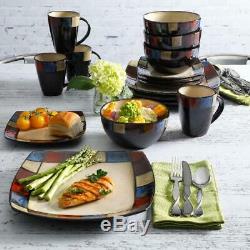 DINNERWARE SET 16-Piece Plates Bowls Mugs Dishes Stoneware Square Dinner Kitchen