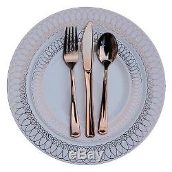 Dinner Wedding Disposable Plastic Plates & silverware Set, ROSE GOLD Oval