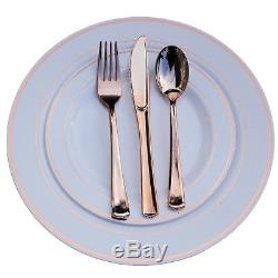 Dinner/ Wedding Disposable Plastic Plates & silverware Set, ROSE GOLD rim