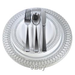 Dinner Wedding Disposable Plastic Plates & silverware Set, silver/ gold Oval