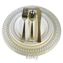 Dinner Wedding Disposable Plastic Plates & silverware Set, silver/ gold Oval
