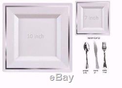 Dinner/Wedding Disposable Square Plastic Plates silverware Silver Bulk Set New