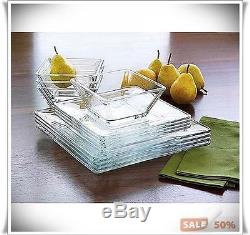 Dinnerware Glass Set Square Plates Dishes Bowls Salad Dinner Clear Service 12 Pc