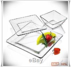 Dinnerware Glass Set Square Plates Dishes Bowls Salad Dinner Clear Service 12 Pc