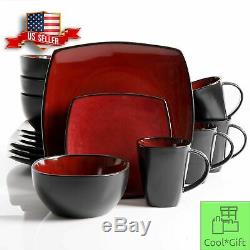 Dinnerware Set 16 Piece Square Dinner Plates Mugs Dishes Bowls Home Kitchen Red
