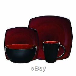 Dinnerware Set 16 Piece Square Dinner Plates Mugs Dishes Bowls Home Kitchen Red