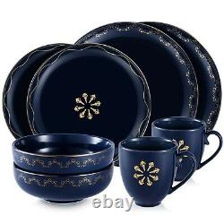 Dinnerware Set Blue Kitchen Plates Dishes Bowls Stoneware Mugs Salad Modern Gold