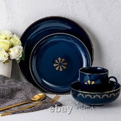 Dinnerware Set Blue Kitchen Plates Dishes Bowls Stoneware Mugs Salad Modern Gold