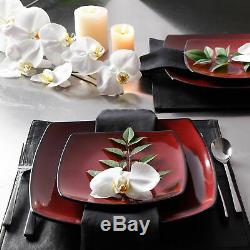 Dinnerware Set Square Dinner Plates Mugs Dishes Bowls Home Kitchen 16 Pcs Red