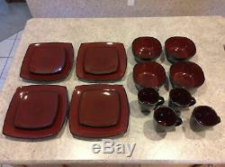 Dinnerware Set Square Dinner Plates Mugs Dishes Bowls Home Kitchen 16 Pcs Red