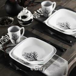 Dinnerware Set Squared Rounded Corners Glass Black Trees 16-Piece Timber Shadows