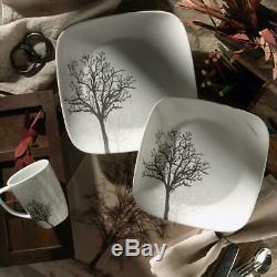 Dinnerware Set Squared Rounded Corners Glass Black Trees 16-Piece Timber Shadows