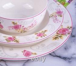 English Rose Bone China Dinner Service Set 24pc Porcelain Dinnerware Plates Set