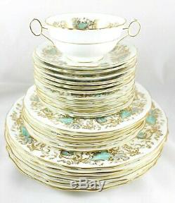 English Set 11 Dinner Plates Cauldon Bone China Gainsborough Turquoise Blue Gold