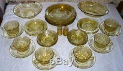 Federal Glass Dinner Set 34pc SHARON CABBAGE ROSE Yellow Amber plates bowls cups