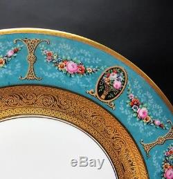 Fine Set of 12 BLACK KNIGHT Dinner Plates with Gilt & Blue Floral Design