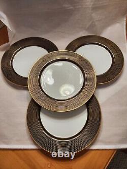 Fitz & Floyd RONDELLE Gold Lines on Black Band Set of 4 Dinner Plates NEW