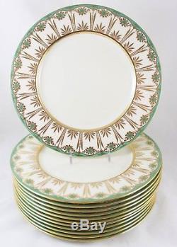 Full Set 12 Dinner Plates Antique Lenox Bone China Teal Green Gold Floral Cream