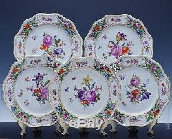 Gorgeous Set Of 5 Large Dresden Porcelain Enameled Flowers Pierced Dinner Plates