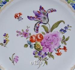Gorgeous Set Of 5 Large Dresden Porcelain Enameled Flowers Pierced Dinner Plates