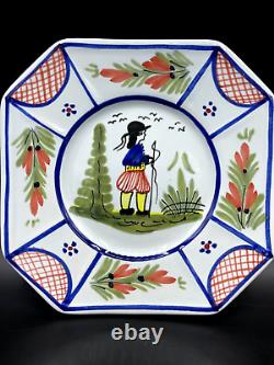 HB Quimper France Mistral Blue Plate Woman 6 3/8 Lattice Design Set of 4