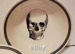 Halloween Victorian English Pottery SKULL Skeleton 8 Pc Set Dinner Plates & Bowl