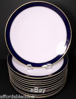 Hutschenreuther Cobalt Gold Encrusted 9 3/4 Wide Dinner Plates Set of 12 -MINT