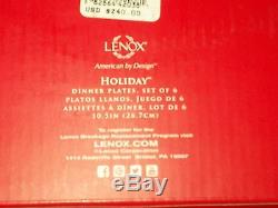 LENOX HOLIDAY CHINA CHRISTMAS SET OF 6 DINNER PLATES NIB 10.5 HOLLY and BERRY